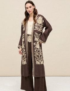 Kimono largo bordado - Marrón