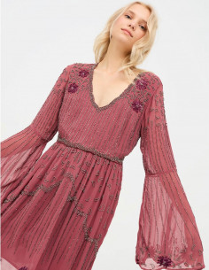 Vestido gasa abalorios - Rosa
