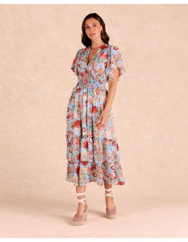 Vestido Flores Volantes Celeste