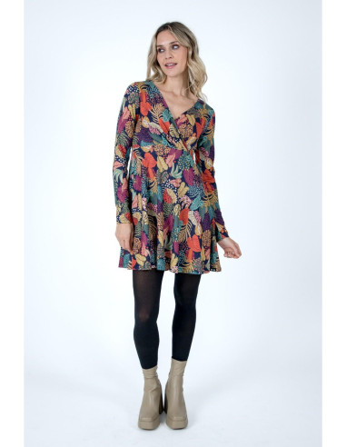 Vestido corto manga larga hojas multi...
